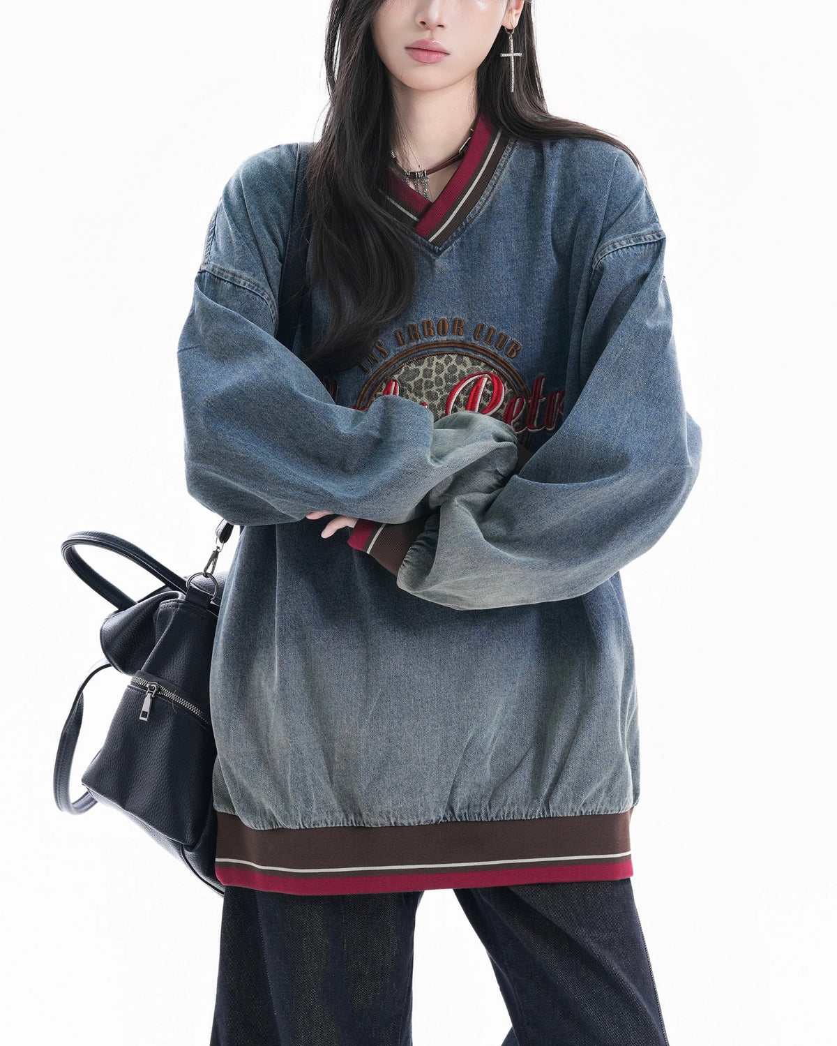 Color-blocked leopard print denim sweatshirt