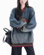 Color-blocked leopard print denim sweatshirt