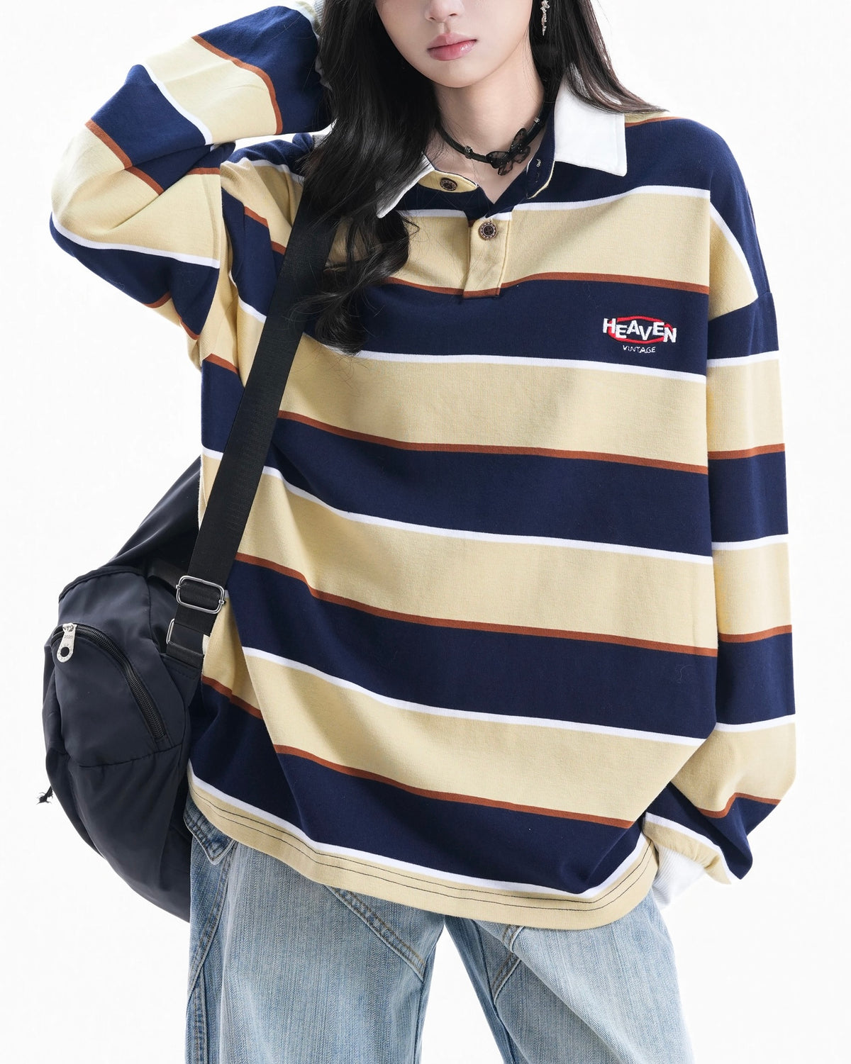 條紋撞色翻領衛衣