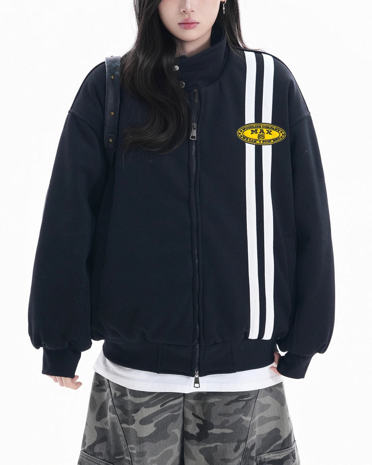 Embroidered striped stand-up collar coat