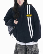 Embroidered striped stand-up collar coat