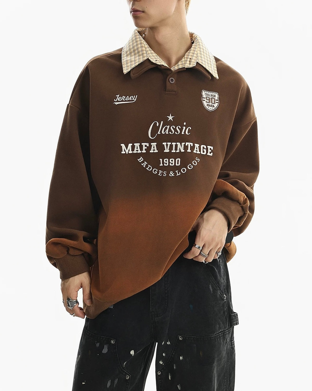 Retro collared faux two-piece sweatshirt
