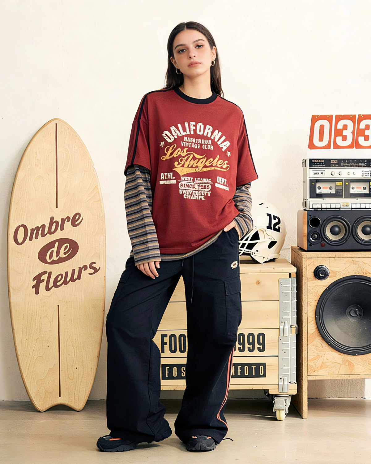 Retro contrast color casual fake two-piece long sleeves
