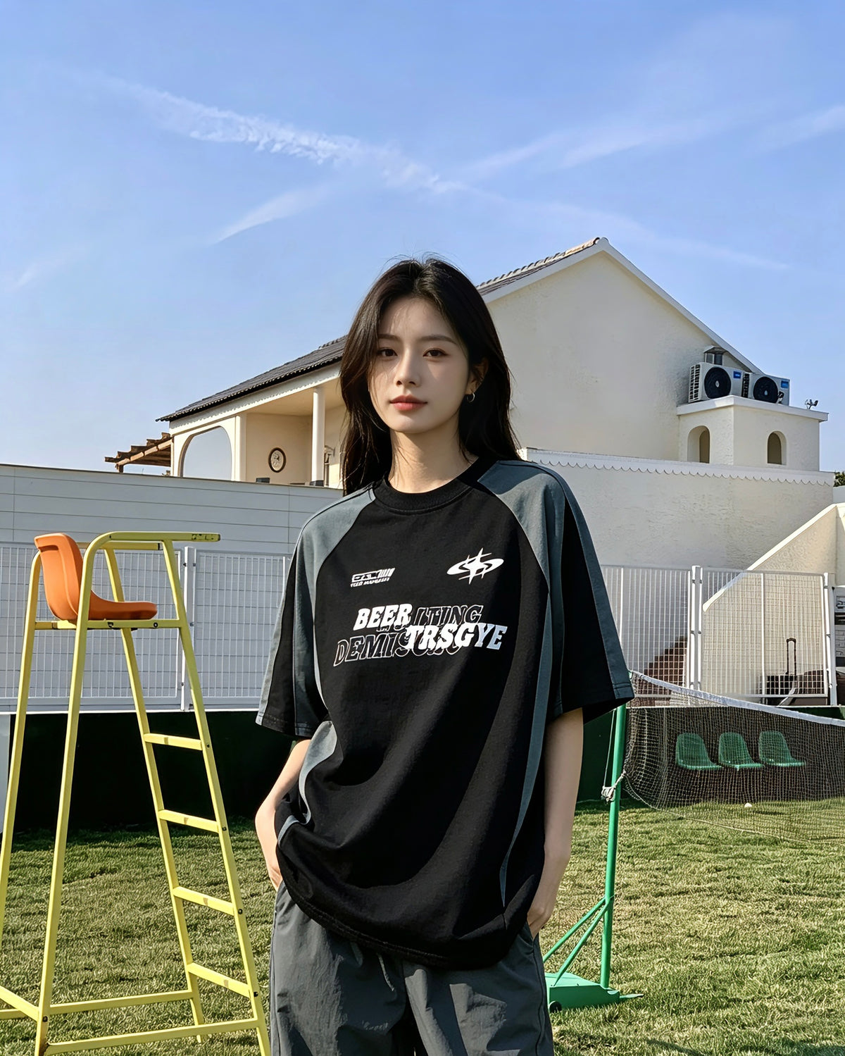 루즈한 반소매와 대비되는 레트로 패치워크