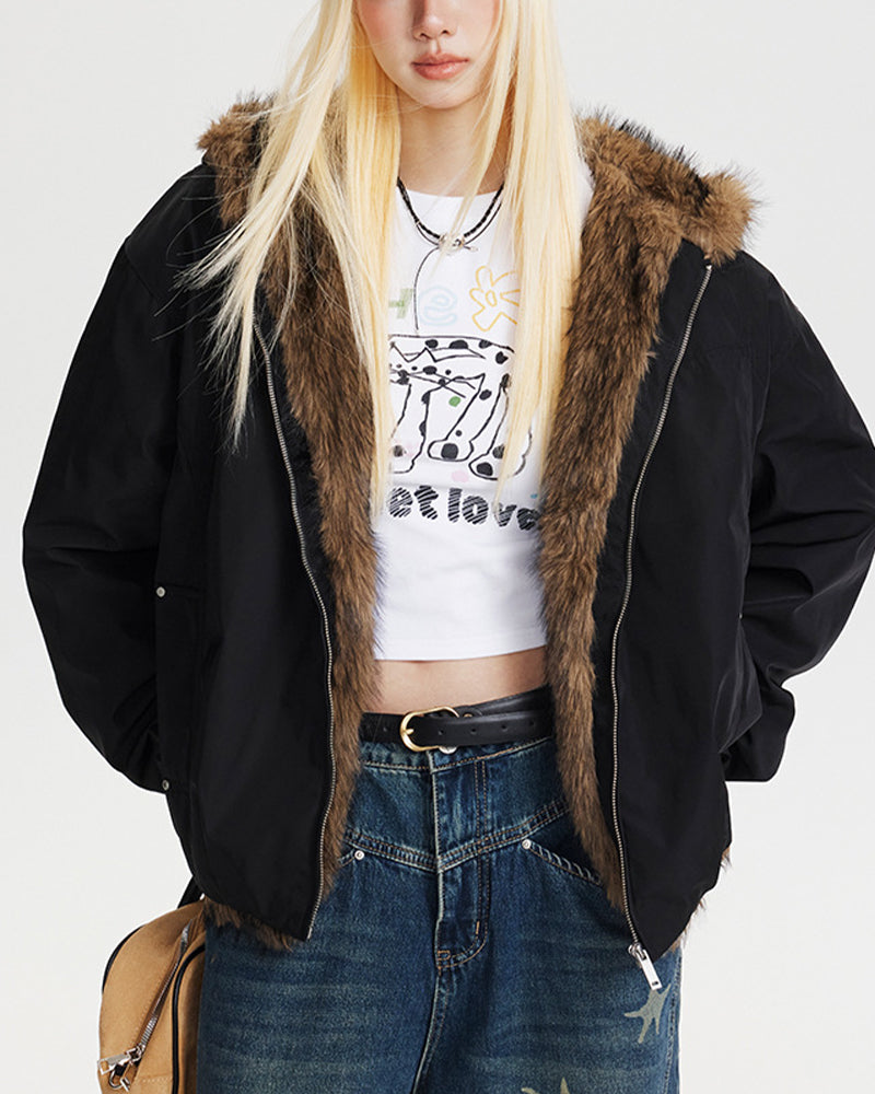 Hooded cotton-padded jacket with fur collar