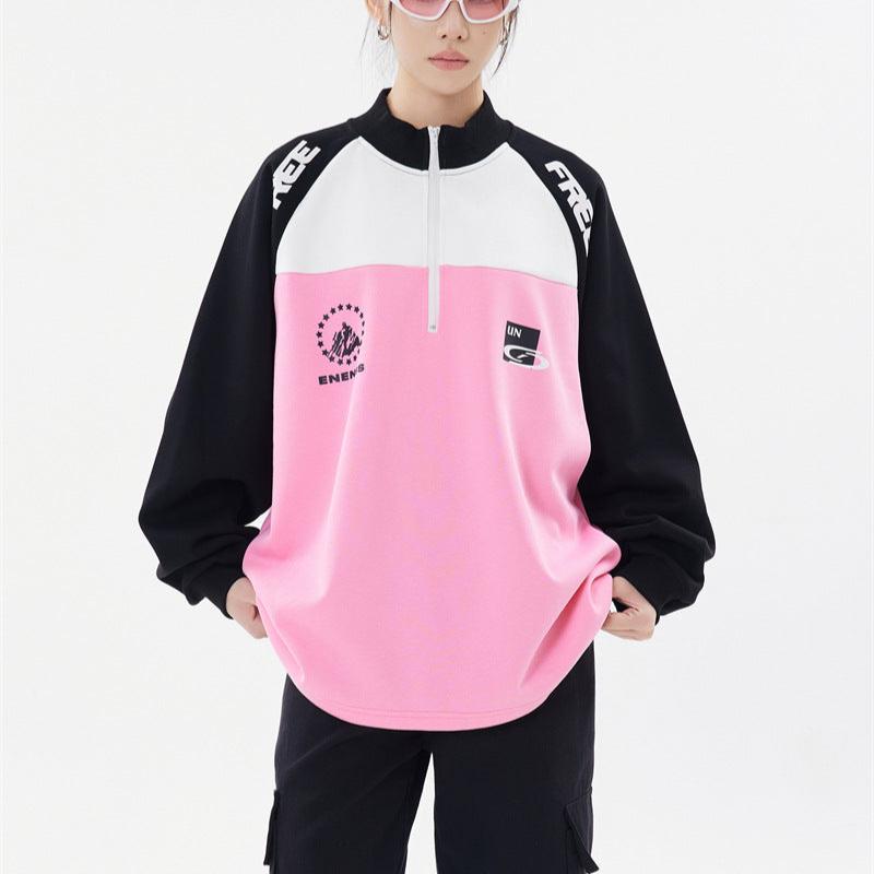 Retro stitching stand collar couple sweatshirt