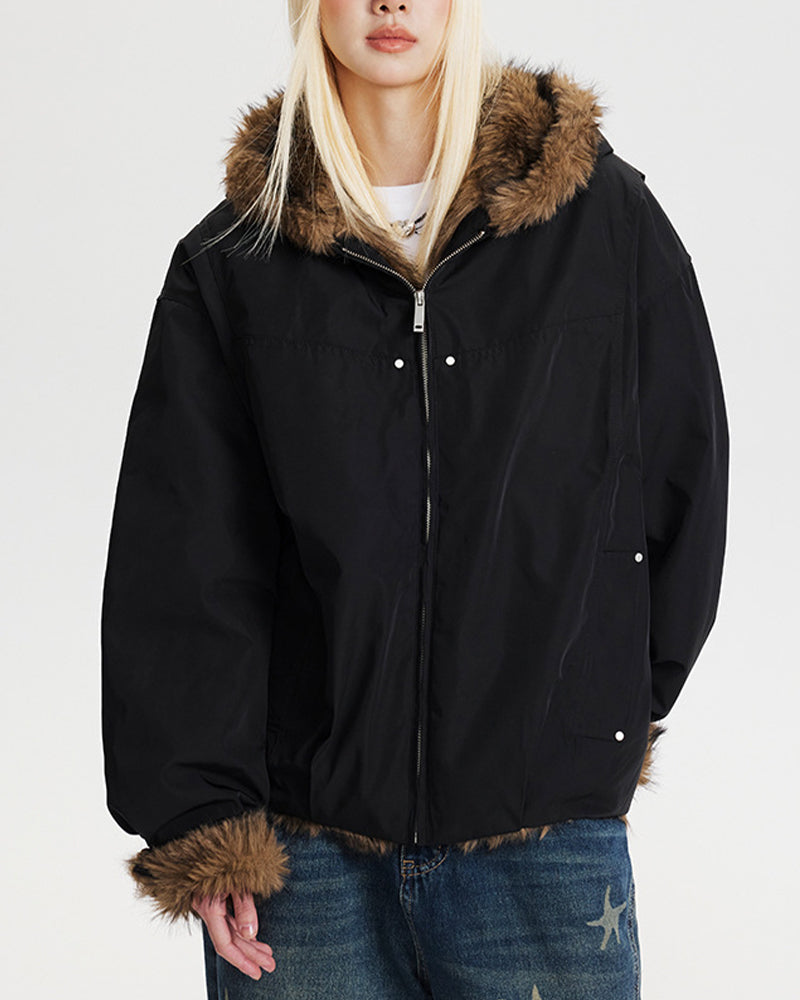 Hooded cotton-padded jacket with fur collar