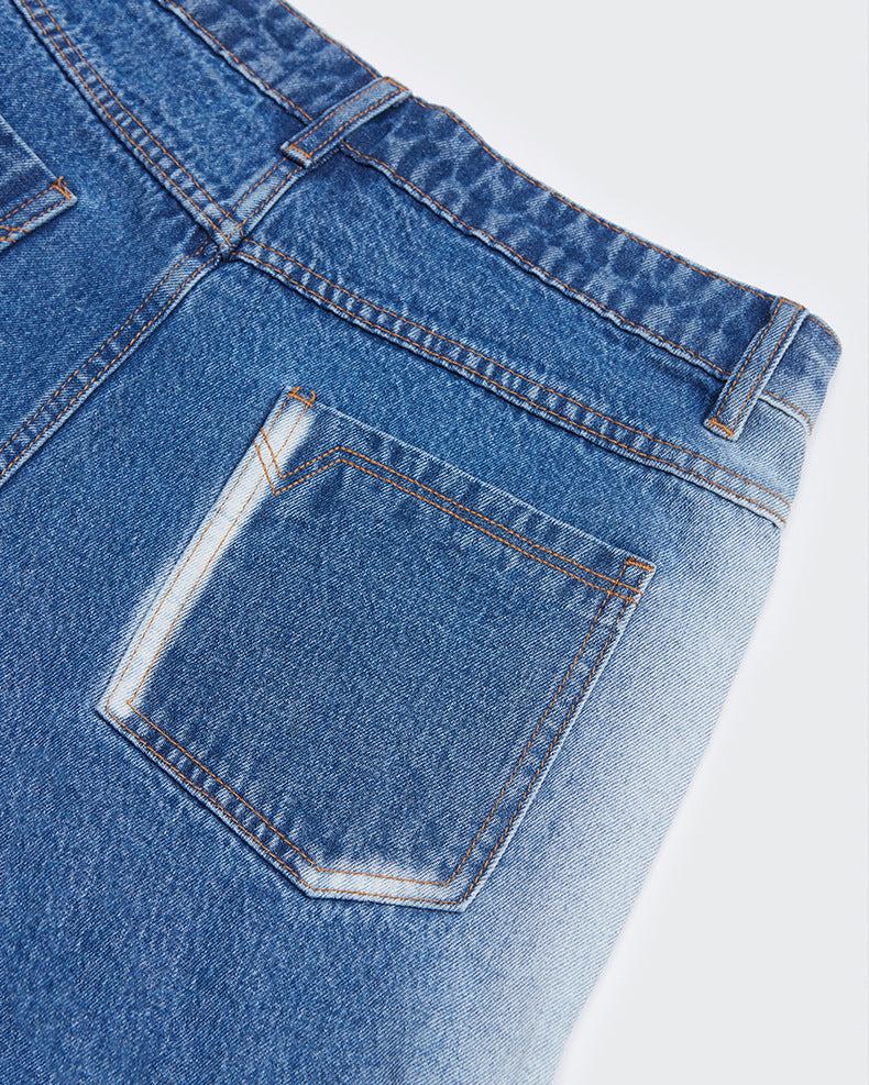 做舊破洞牛仔直筒長褲