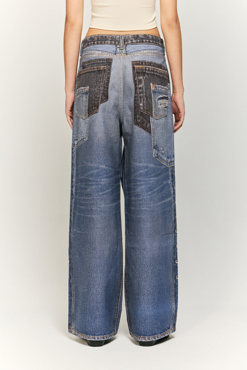 復古水洗破洞牛仔褲