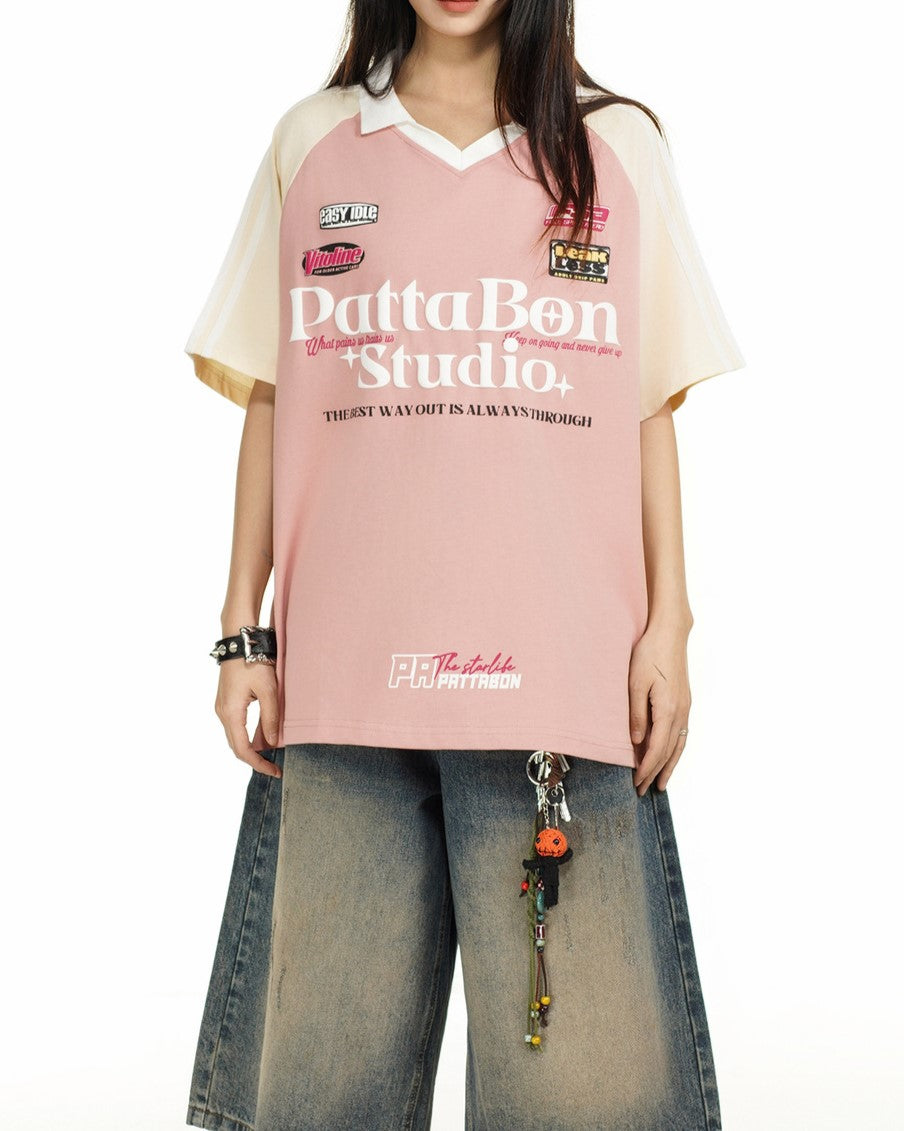 콘트라스트 컬러 캐주얼 프린트 반팔