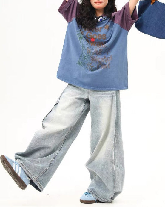 레터 프린트 컬러블록 반팔