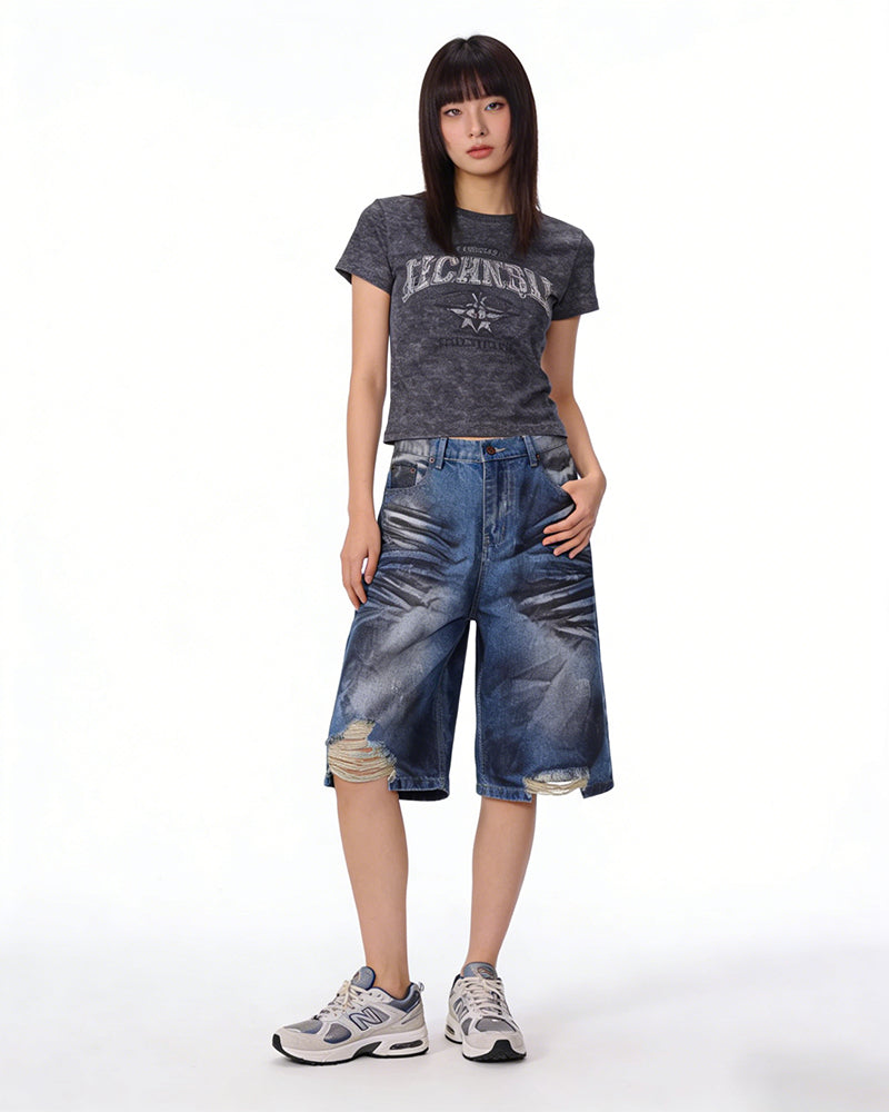 做舊破洞牛仔短褲