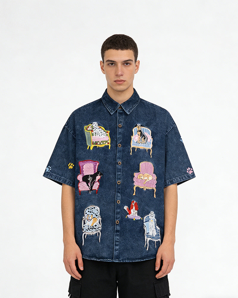 狗狗刺綉牛仔襯衫