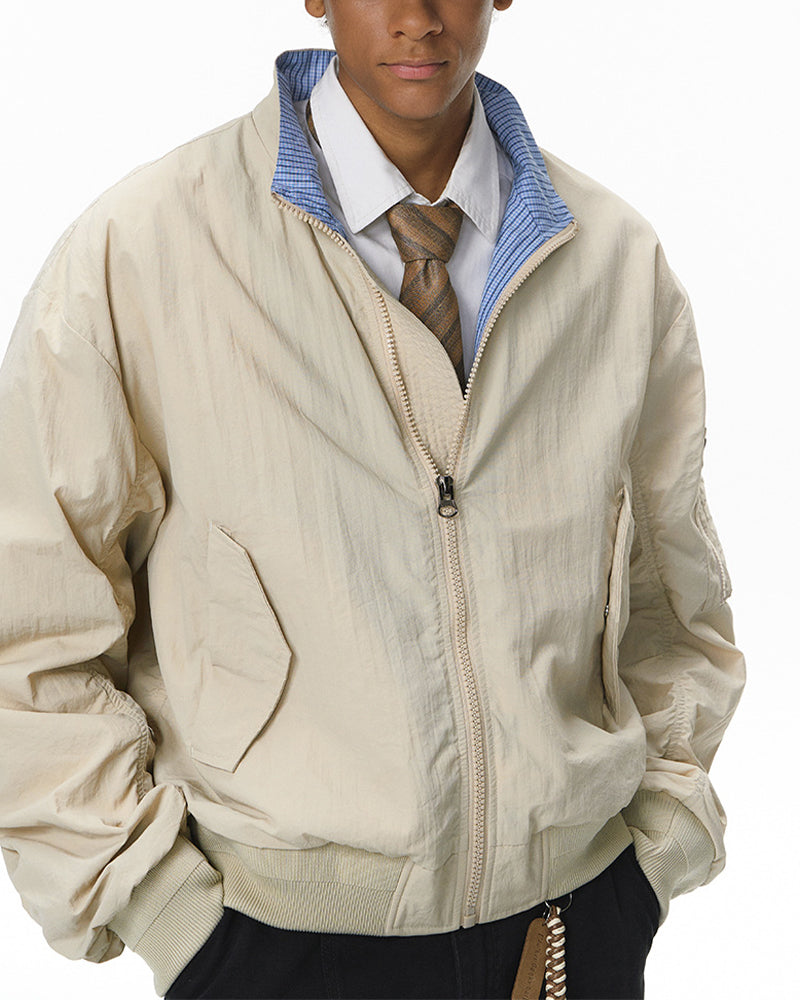 Casual stand-up collar plaid color-blocked baseball jacket