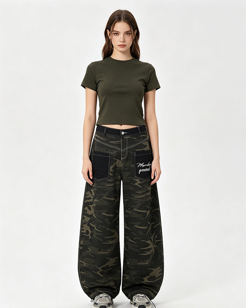 Distressed patchwork camouflage trousers