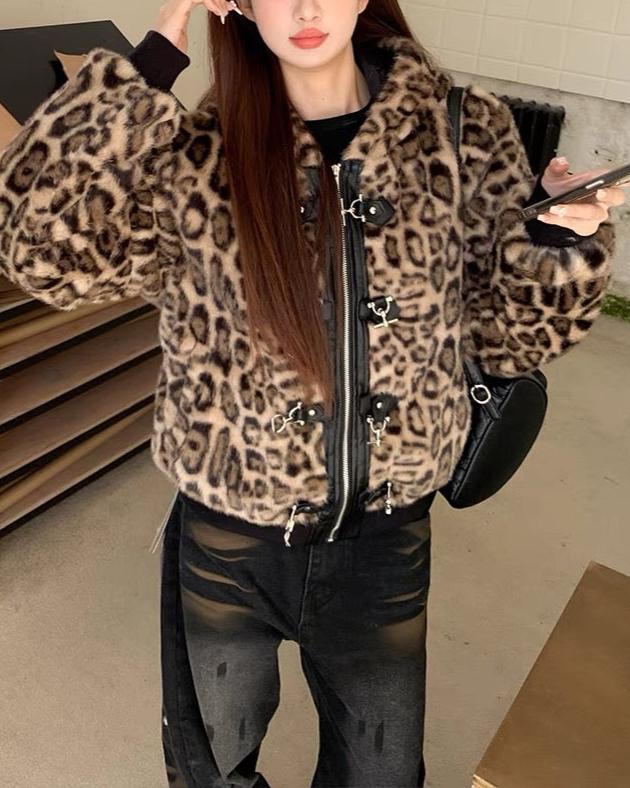 Vintage leopard print cotton hooded jacket