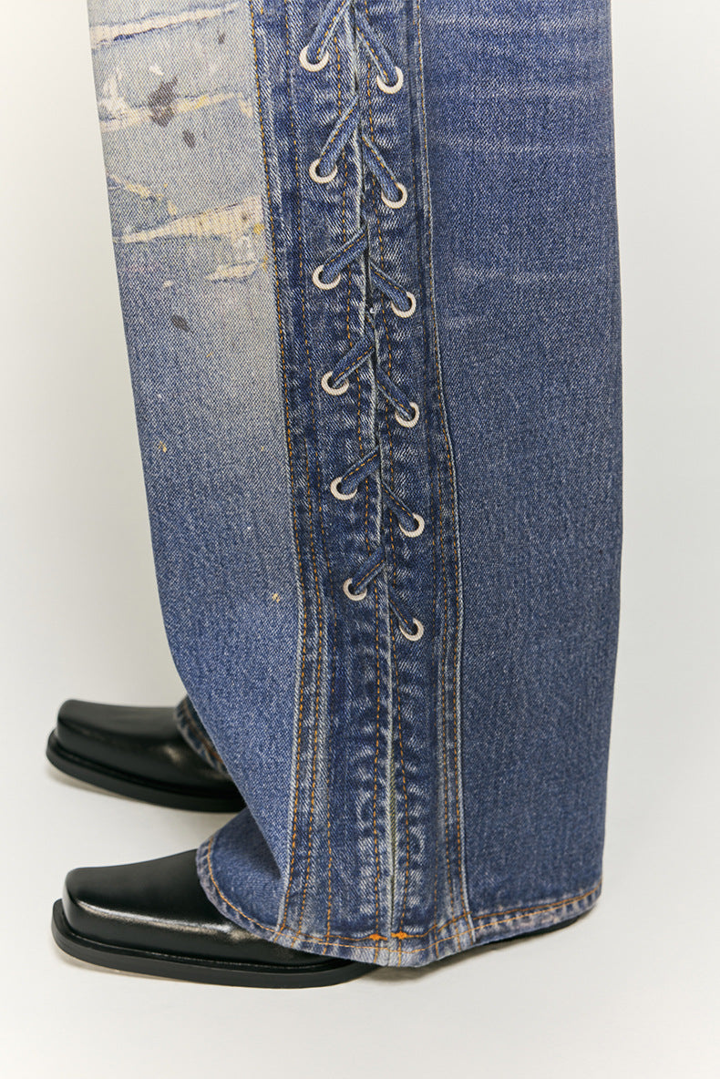 復古水洗破洞牛仔褲