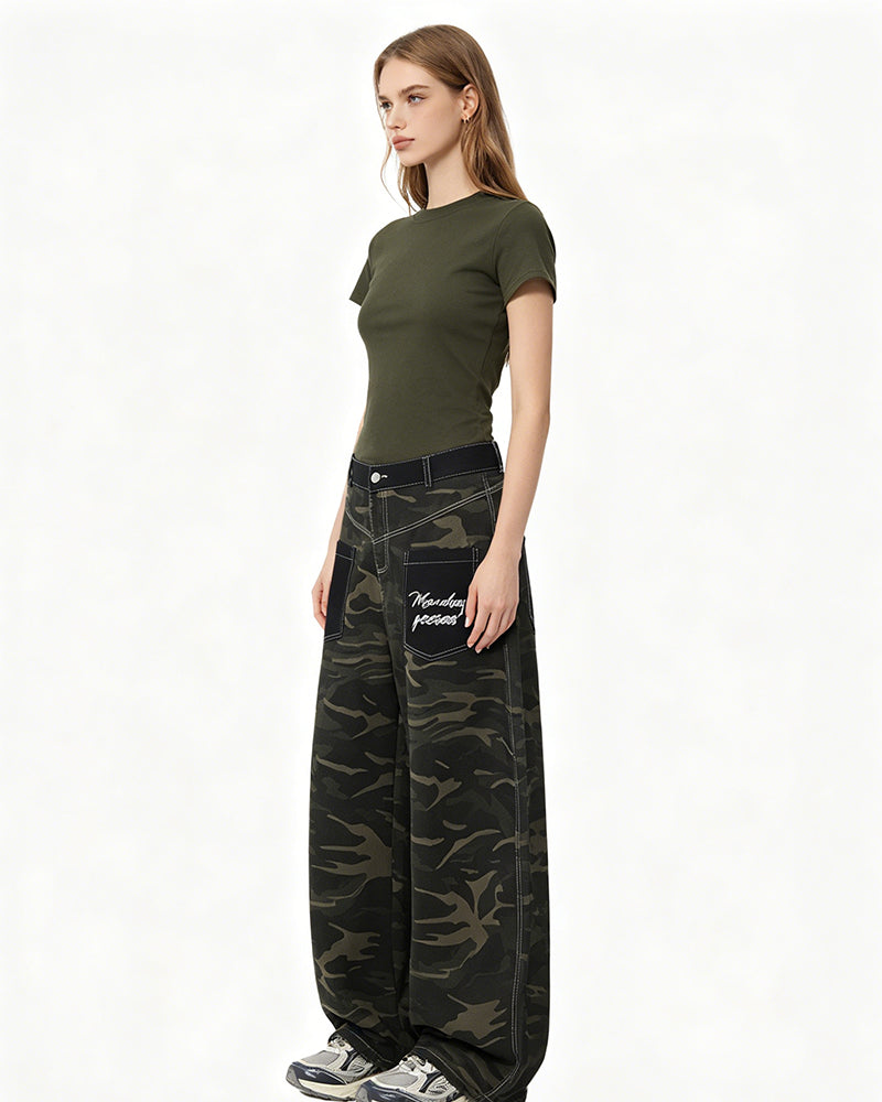Distressed patchwork camouflage trousers