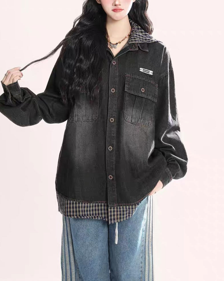 復古格子拼接假兩件牛仔外套