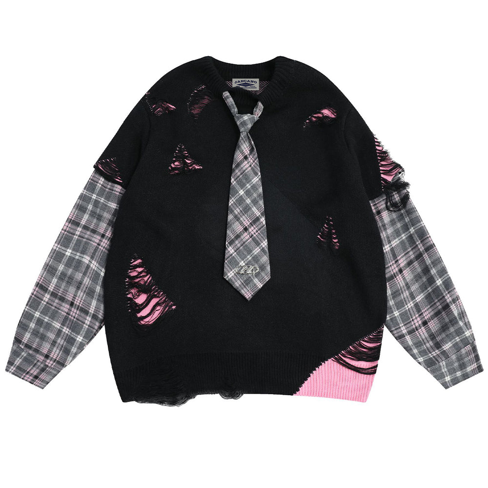 Retro patchwork fake two-piece knitted sweater