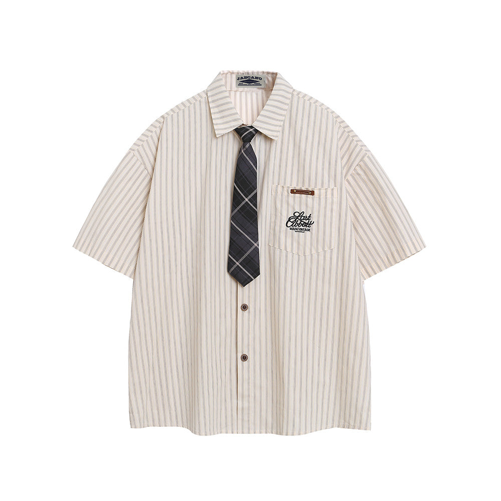 Vintage Striped Short Sleeve Shirt with Tie