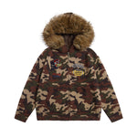 camouflage hooded knit cardigan with fur collar