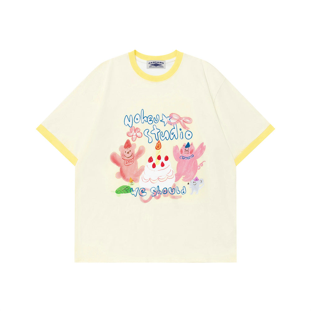 귀여운 컬러블록 프린트 반팔