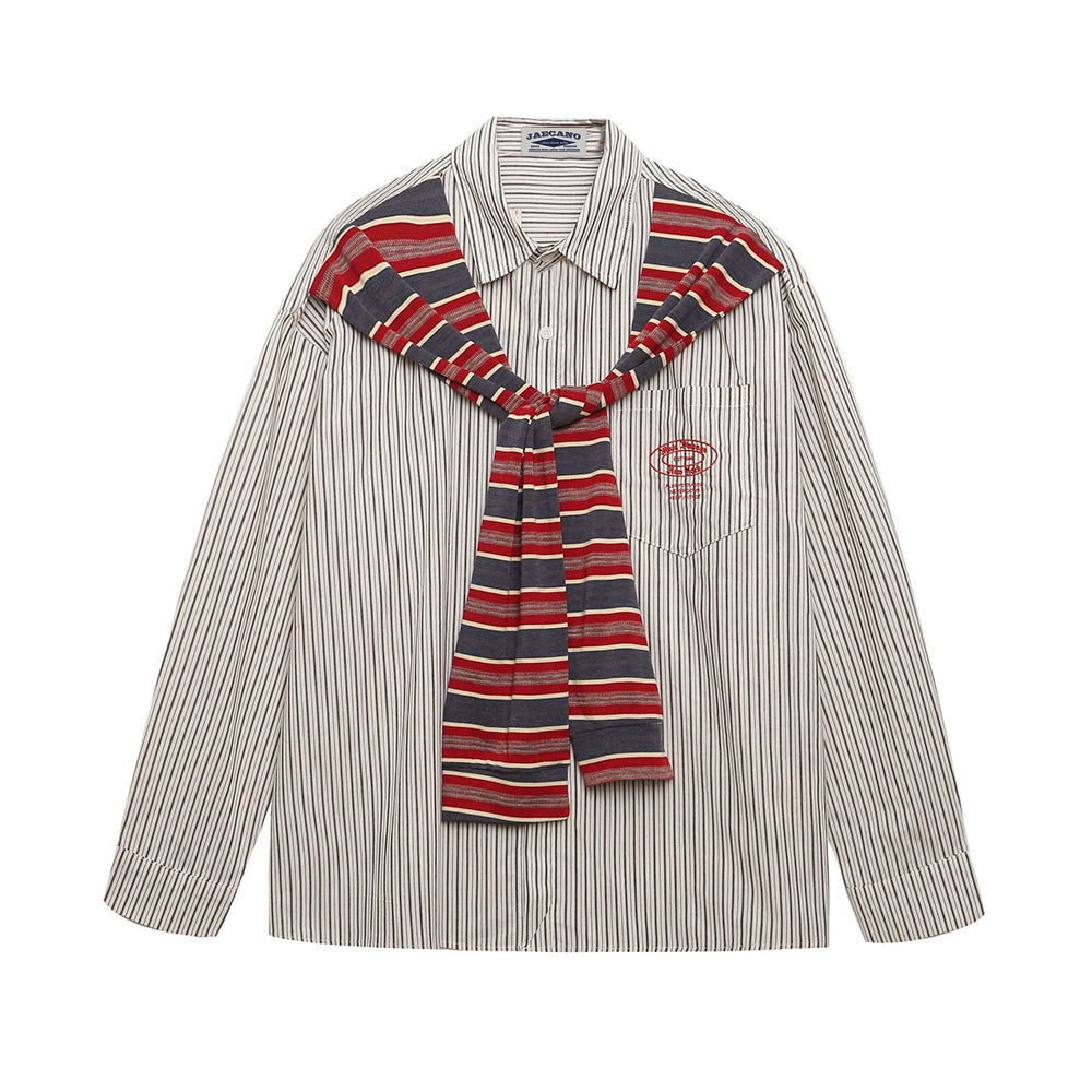 Fake two-piece cape striped long-sleeved shirt