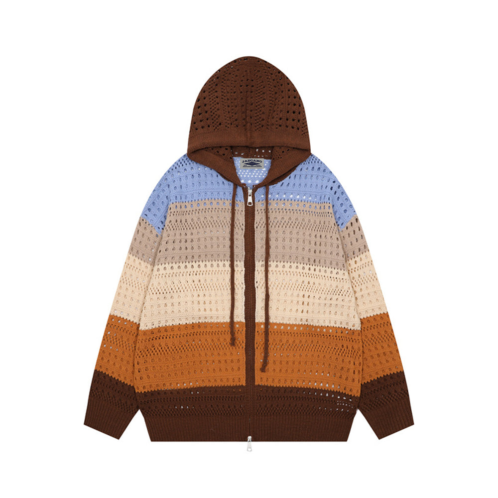 復古彩色條紋連帽開衫