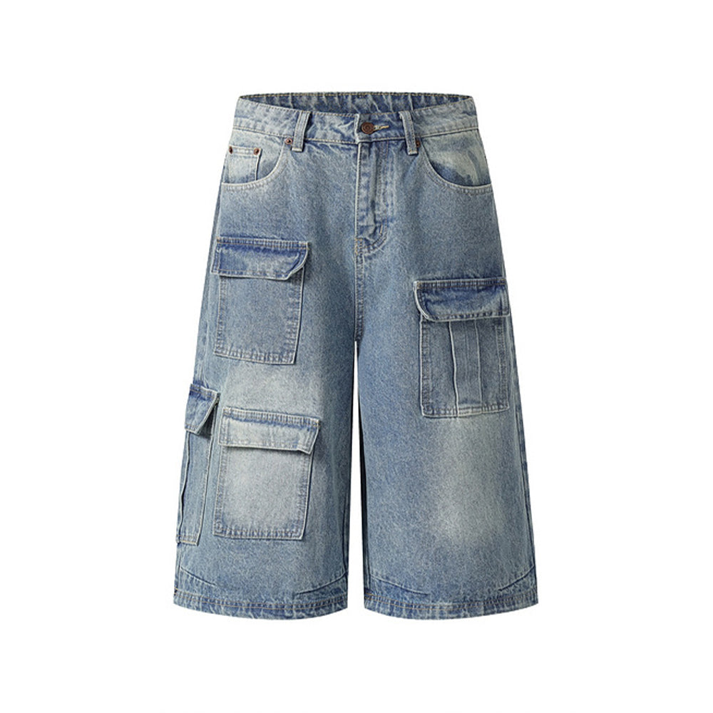 Washed distressed denim cropped shorts