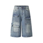 Washed distressed denim cropped shorts