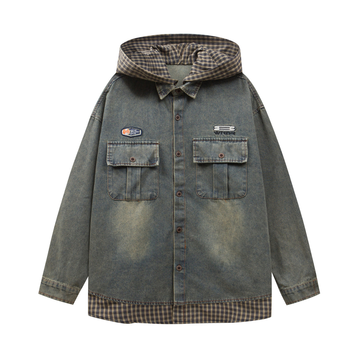 復古格子拼接假兩件牛仔外套