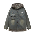 復古格子拼接假兩件牛仔外套