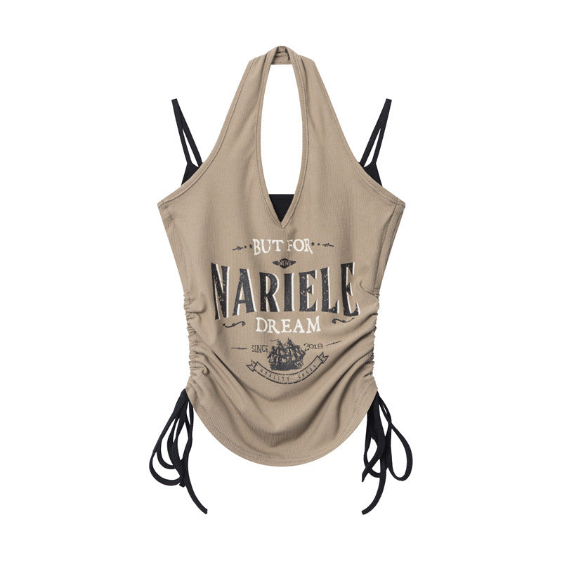 Retro halterneck drawstring sleeveless vest (women's)