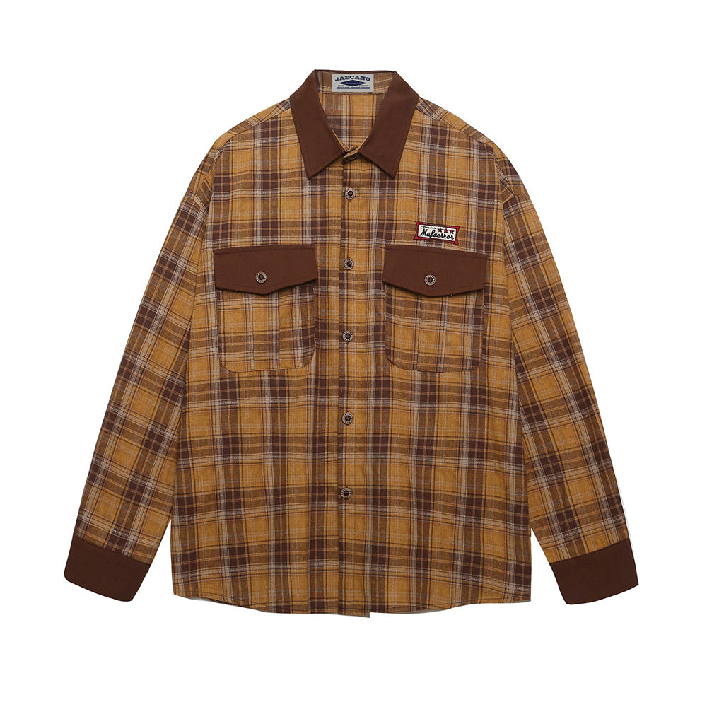 Retro contrast plaid long sleeve shirt