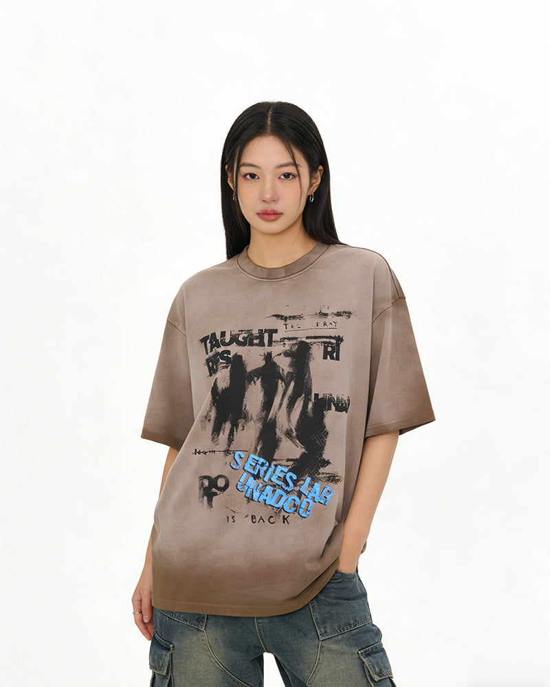 물감 튀김 무늬가 있는 빈티지 스타일의 반팔 셔츠