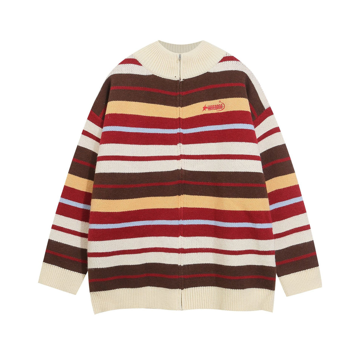 striped stand collar cardigan sweater
