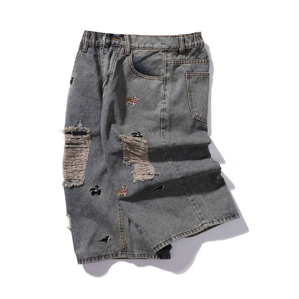 Puppy Embroidered Cropped Shorts