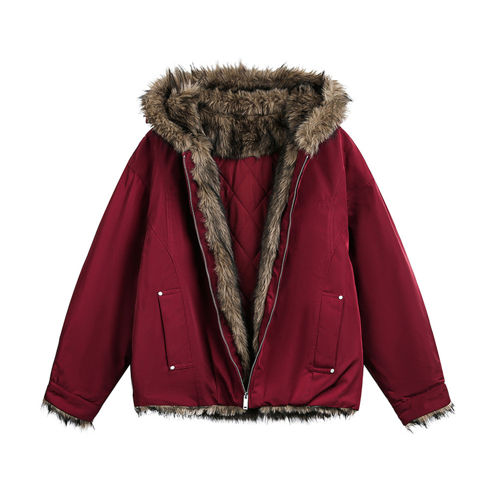 Hooded cotton-padded jacket with fur collar
