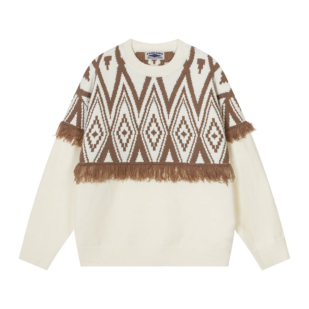 復古流蘇撞色圓領毛衣