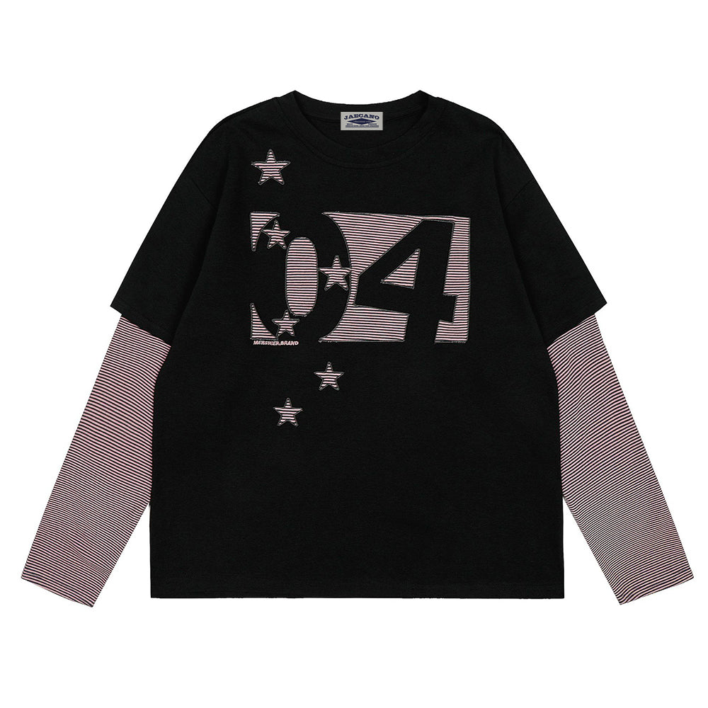 Striped patchwork fake two-piece long sleeves