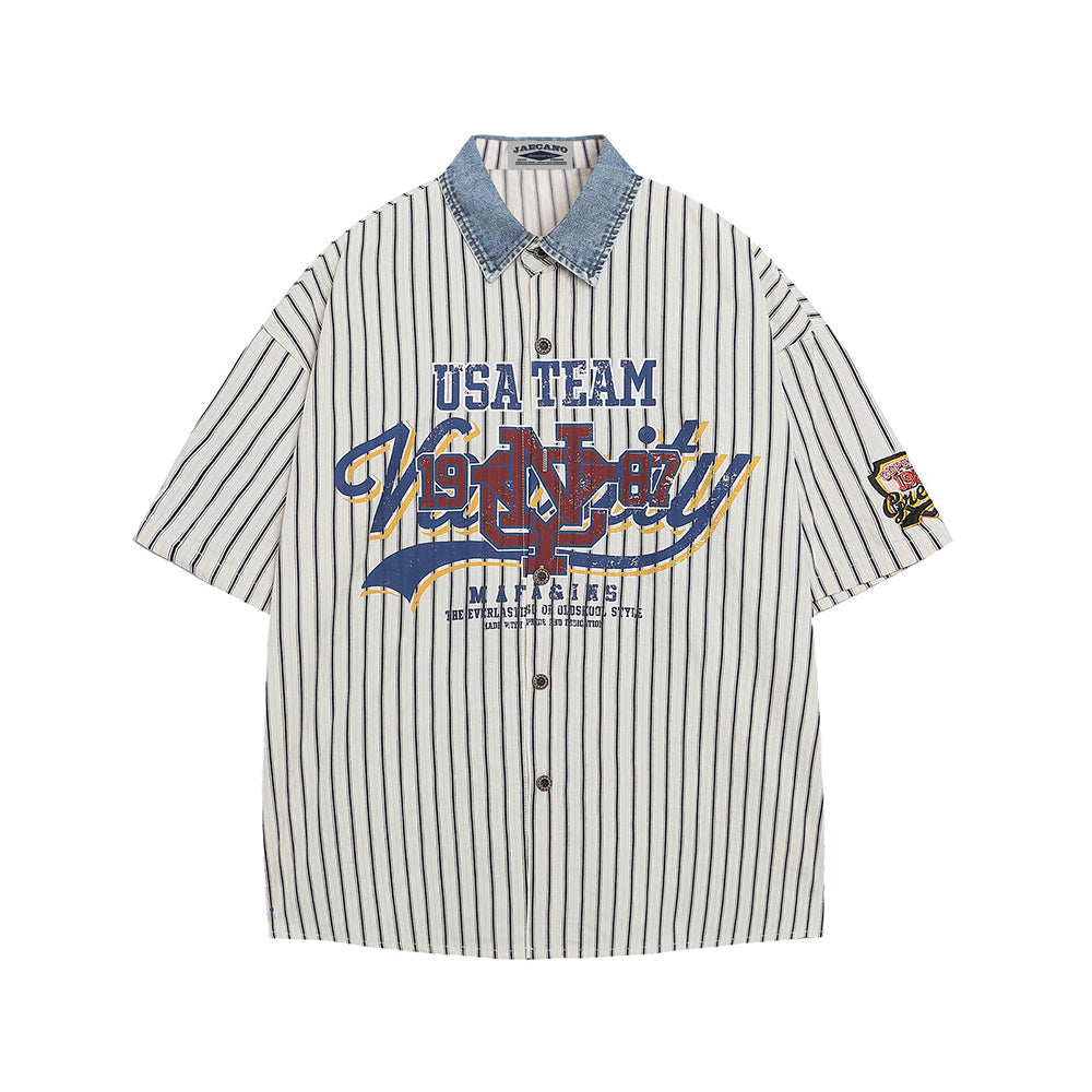 Lettering striped short-sleeved shirt