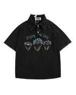 美式水洗做舊花朵翻領短袖