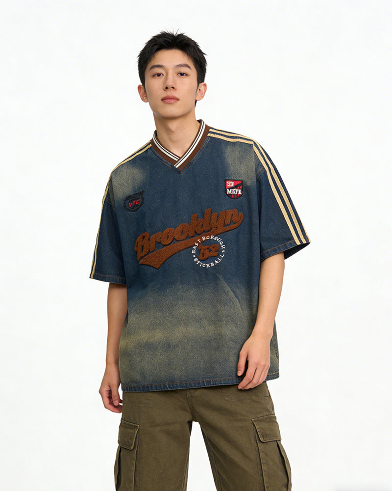 워시드 자수 데님 반팔