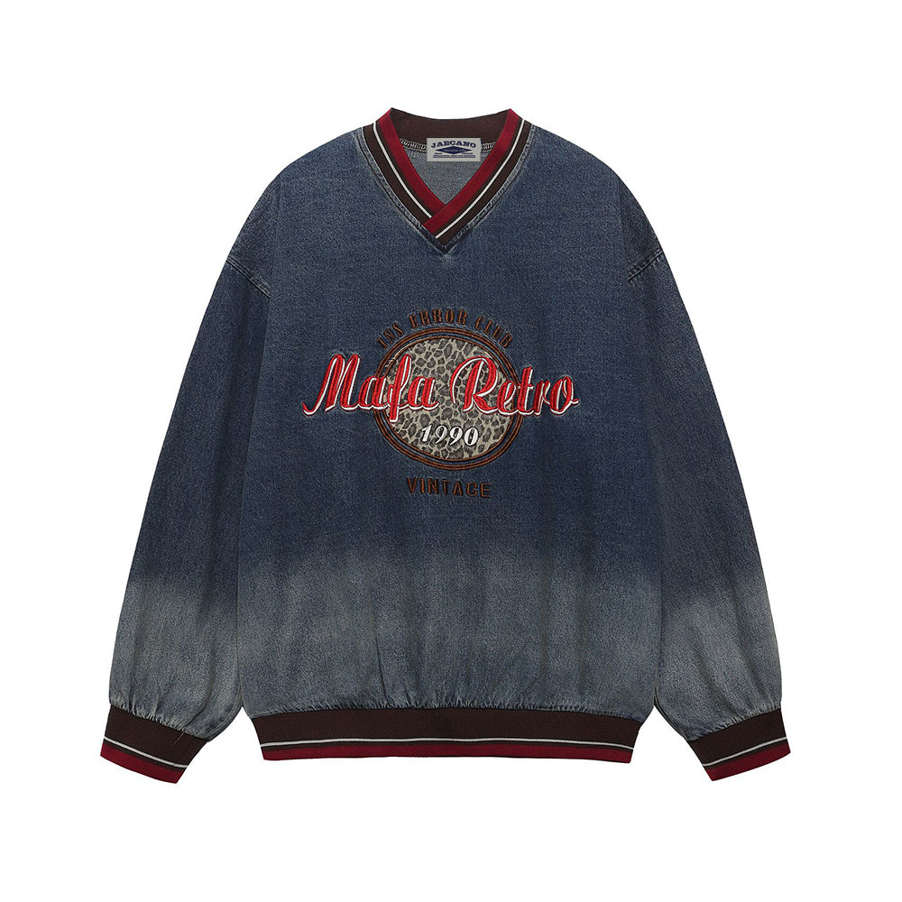 Color-blocked leopard print denim sweatshirt