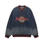 Color-blocked leopard print denim sweatshirt