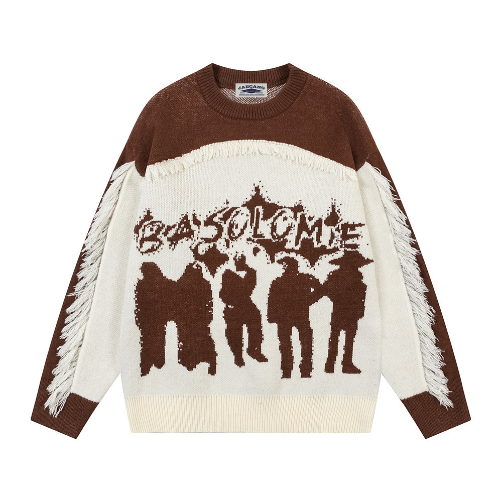 Retro contrasting raw edge crew neck sweater