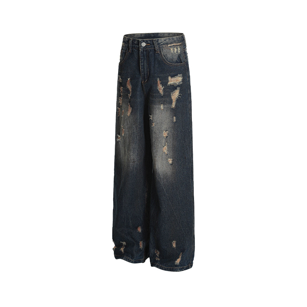 Washed distressed denim trousers