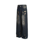 Washed distressed denim trousers