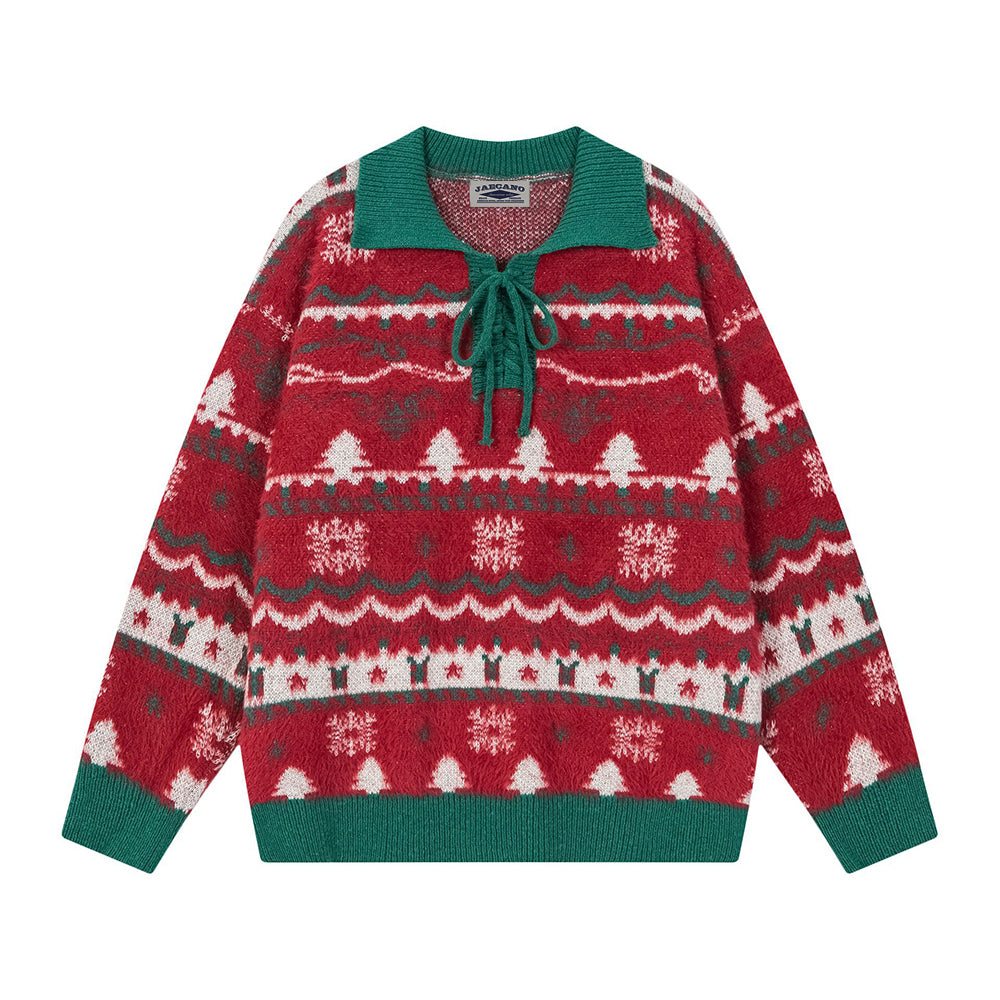 復古撞色翻領毛衣